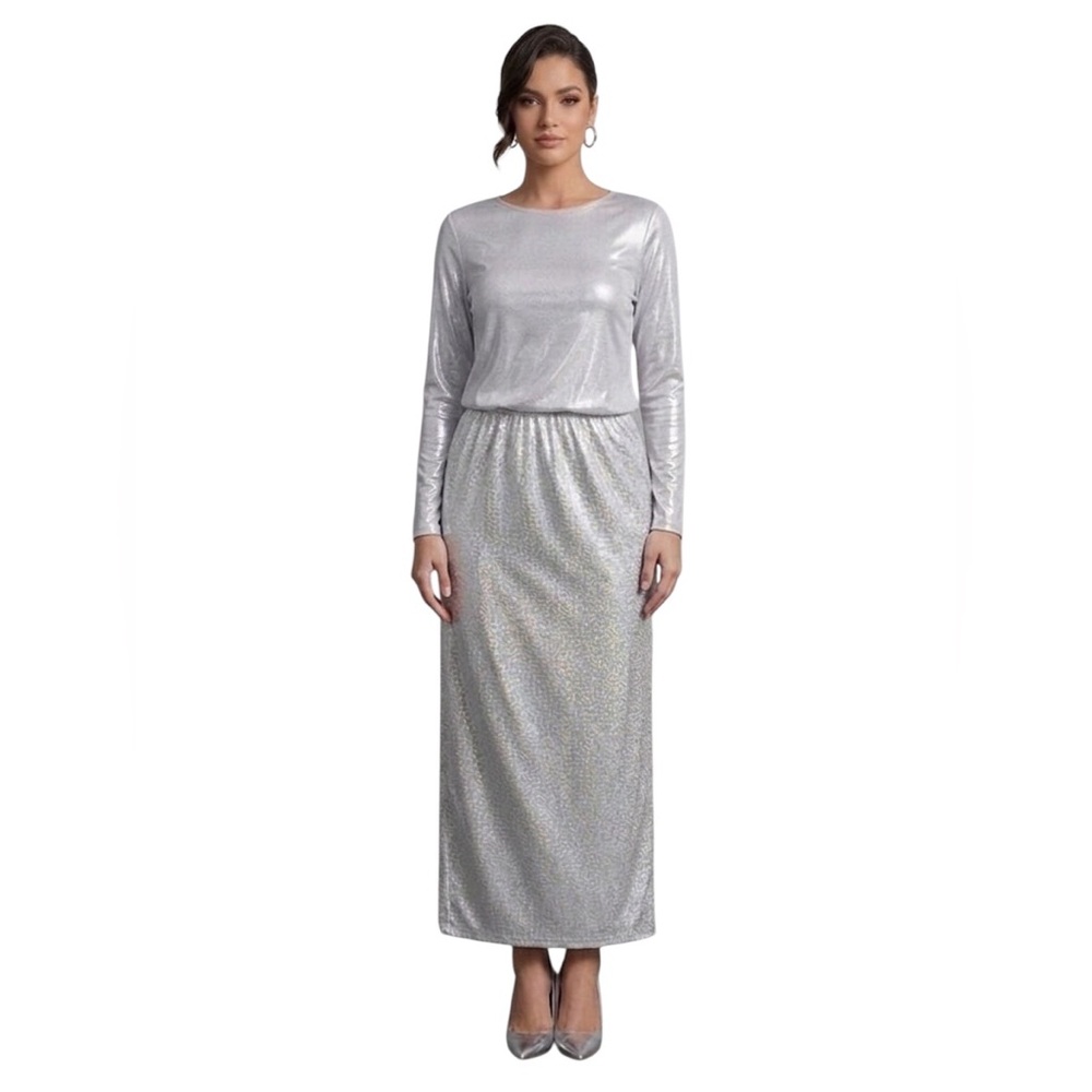 Silver Metallic Long Sleeve Maxi Dress
